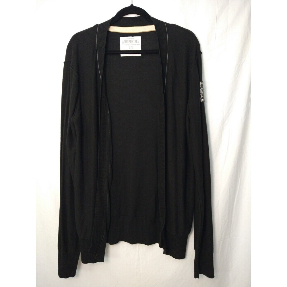 Aeropostale Cardigan Black Button Up Arm Patch Logo Sz LG Academia SNAGs see pic